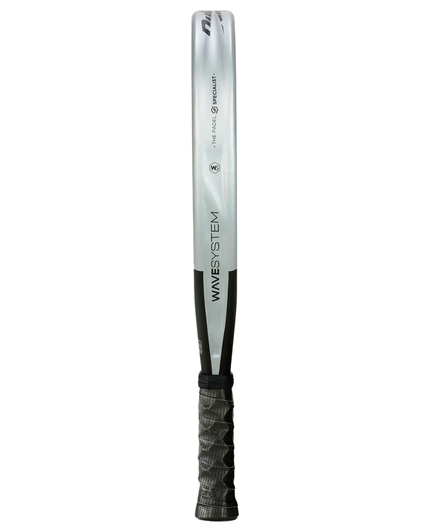 A silver and black cricket bat stands upright against a white background. Its sleek, modern look resembles the premium Padel USA Bullpadel Neuron racket, with a black grip and "WAVE SYSTEM" displayed on the blade.