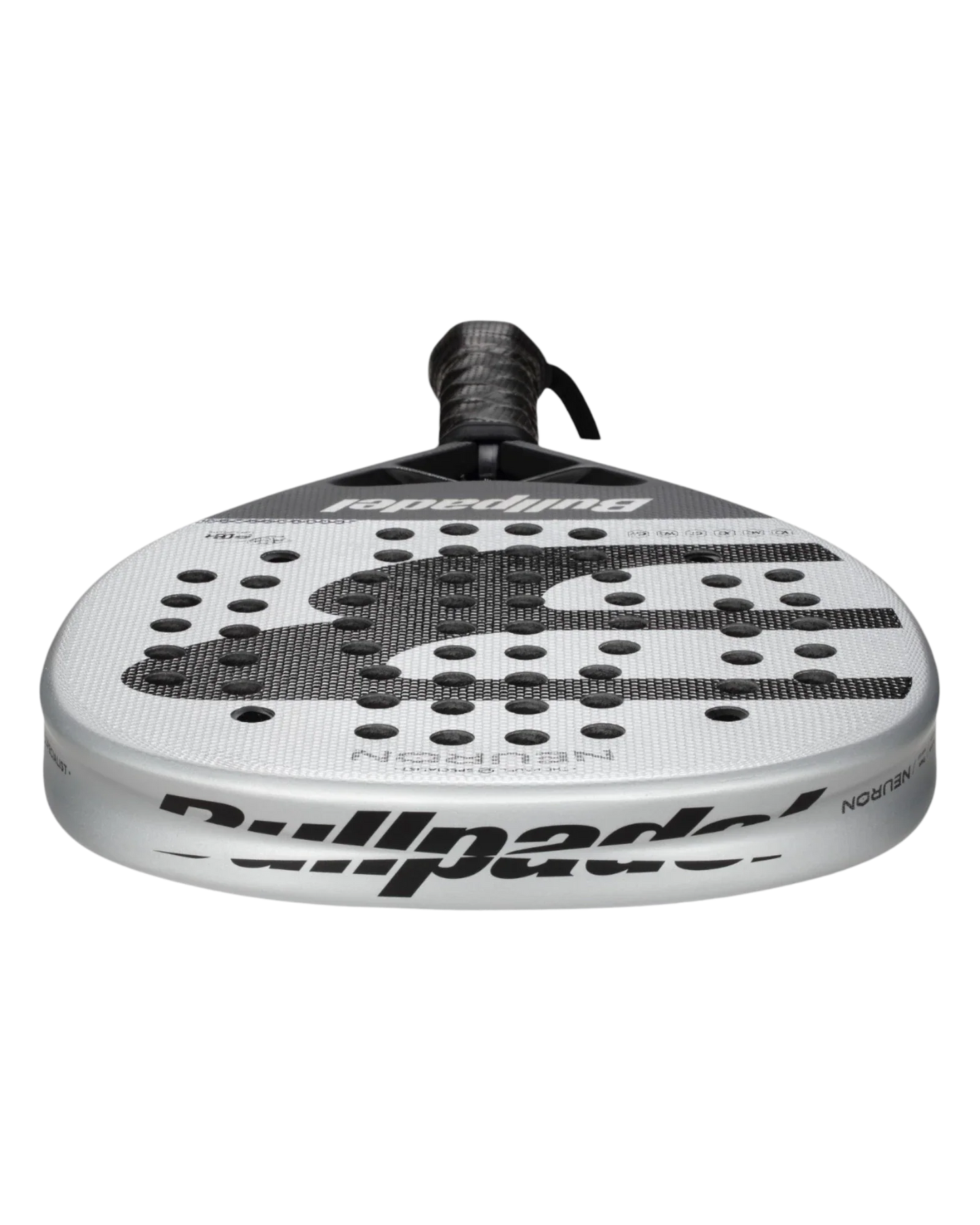Close-up of the Bullpadel Neuron padel racket from Padel USA, featuring a textured, perforated hitting surface for control, bold black and white pattern, the Bullpadel name on the edge, and a handle with black grip tape.