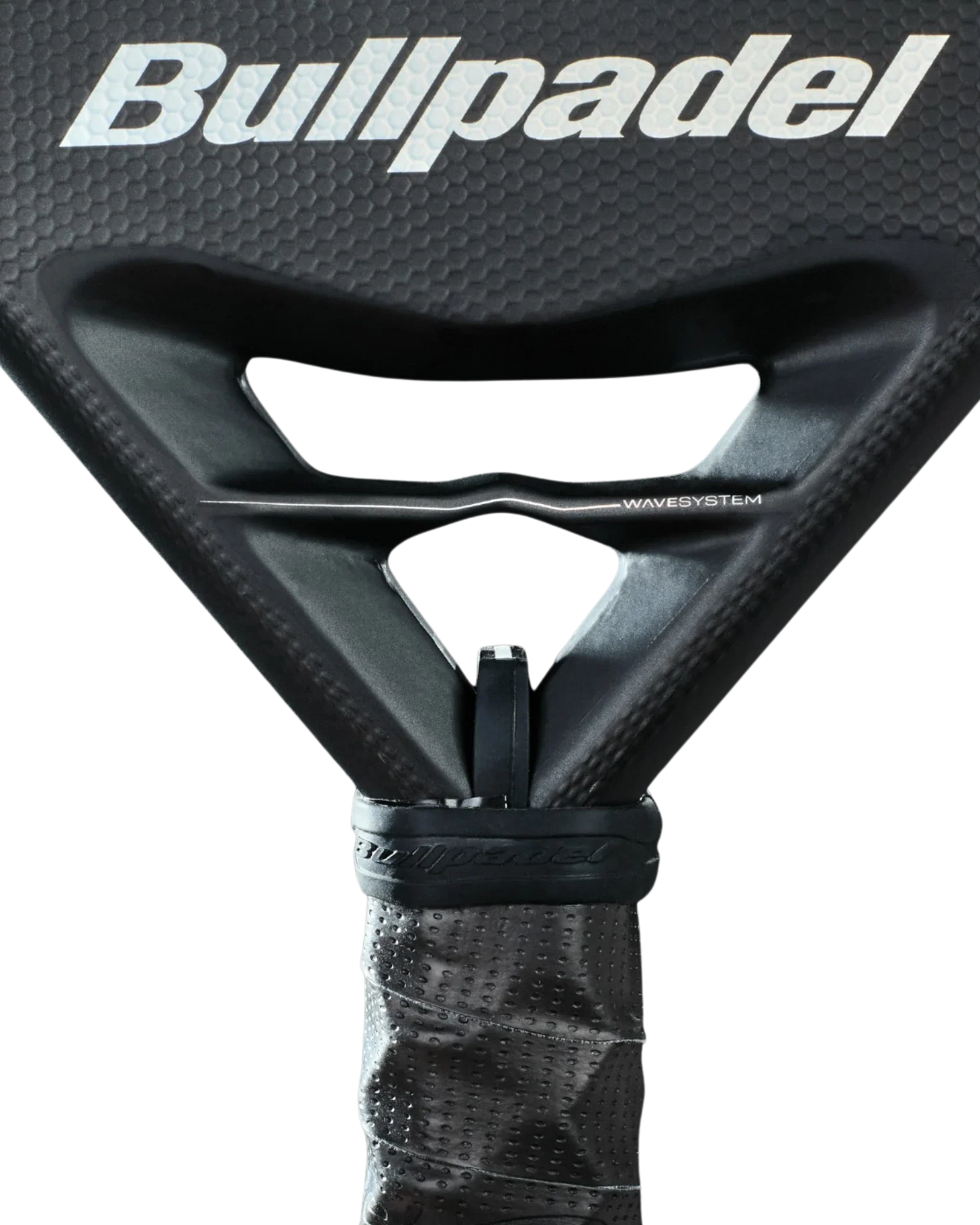 Close-up of the Bullpadel Neuron padel racket handle by Padel USA, featuring the logo on its textured surface, a triangular throat with “WaveSystem” text, and part of the grip, all designed for control and set against a white background.
