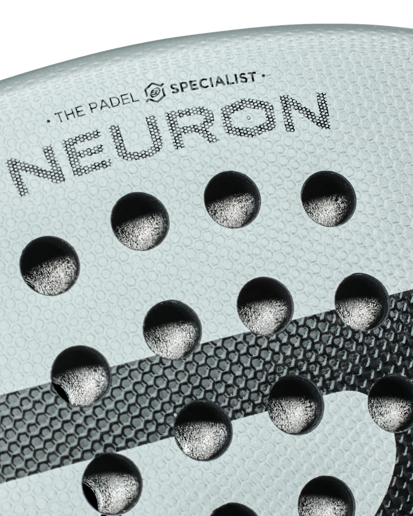 Close-up of a light gray Bullpadel Neuron padel racket by Padel USA, featuring a textured surface, circular holes, and a black diagonal stripe. THE PADEL SPECIALIST and NEURON appear in bold text on the racket.