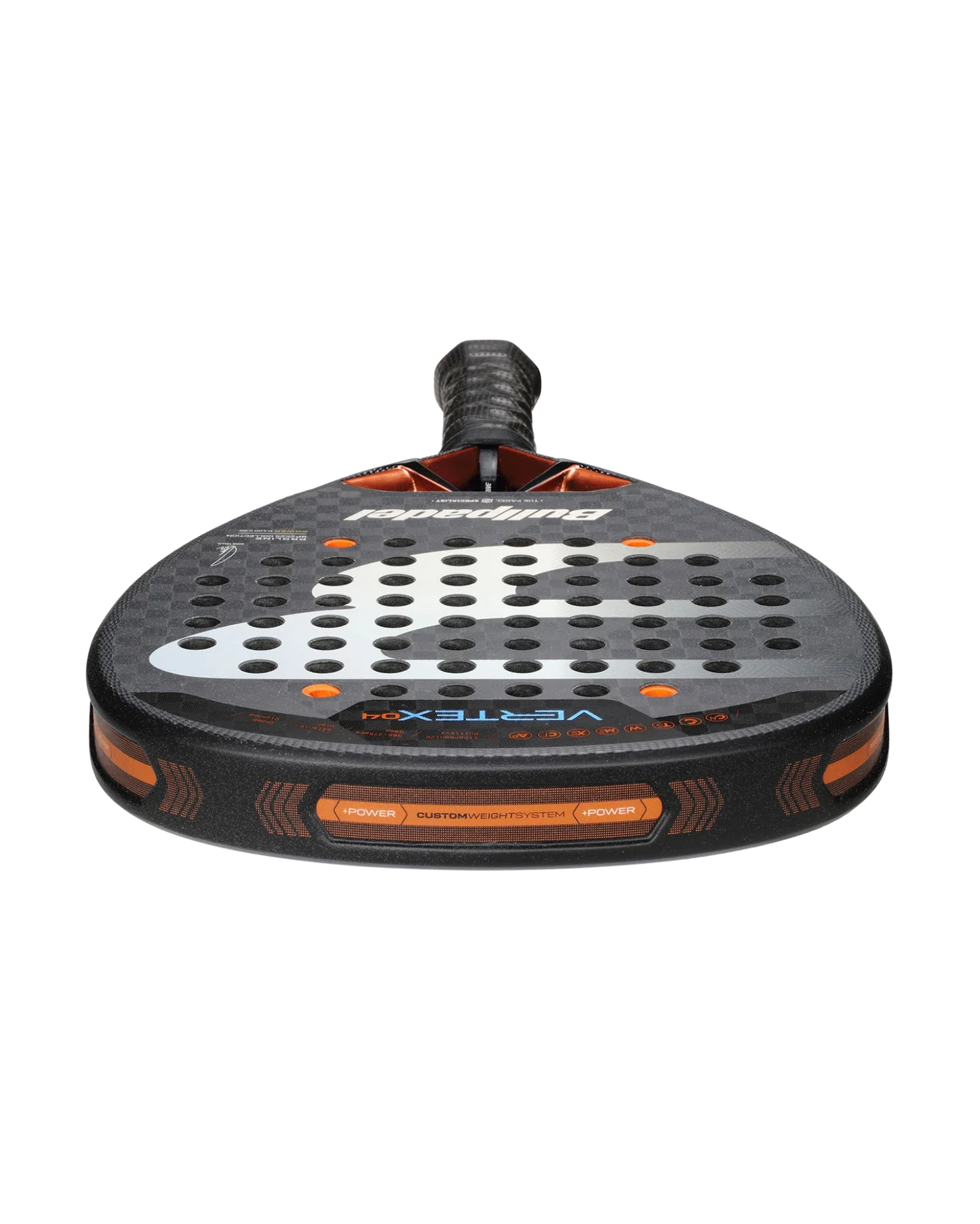 The Bullpadel Vertex 04 Juan Tello padel racket by Padel USA features a black textured surface, round perforations, orange accents, visible VERTEX and POWER print on the head, a black grip, and branding favored by pro players.