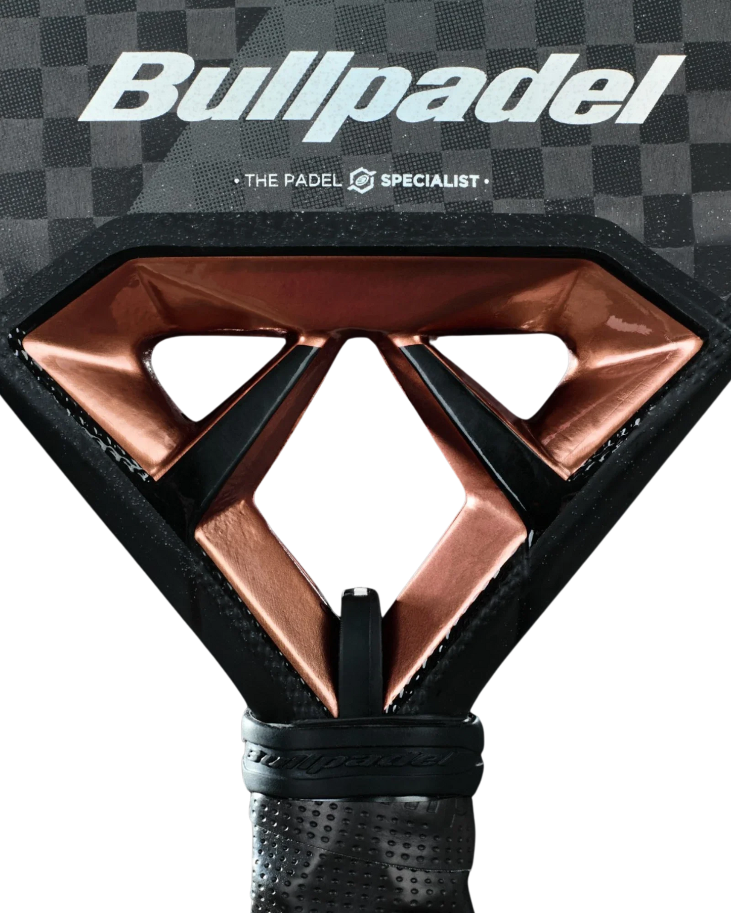 Close-up of the Bullpadel Vertex 04 Juan Tello by Padel USA, showing its copper geometric throat design with black accents. Favored by pro players, it features a checkered black surface and perforated grip for optimal control.