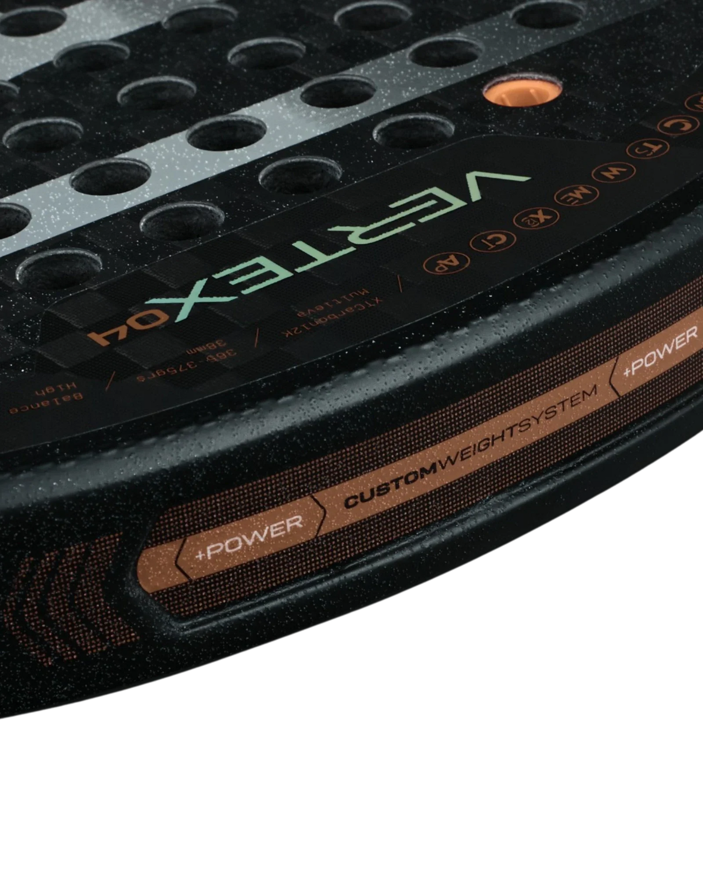 Close-up of the Bullpadel Vertex 04 Juan Tello by Padel USA, featuring a green “VERTEX 04” edge, copper accents, a row of small holes, and a copper strip labeled “POWER” and “CUSTOM WEIGHT SYSTEM”—ideal for professionals.