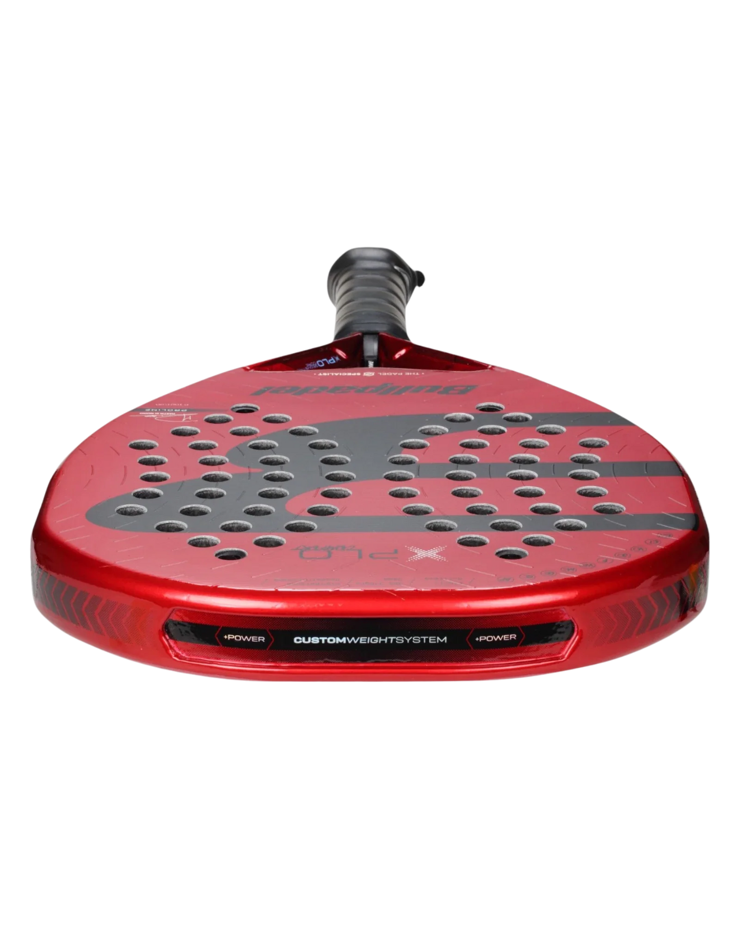 The Bullpadel XPLO Comfort by Padel USA is a red padel racket with holes, engineered for explosive power—ideal for players seeking high performance.