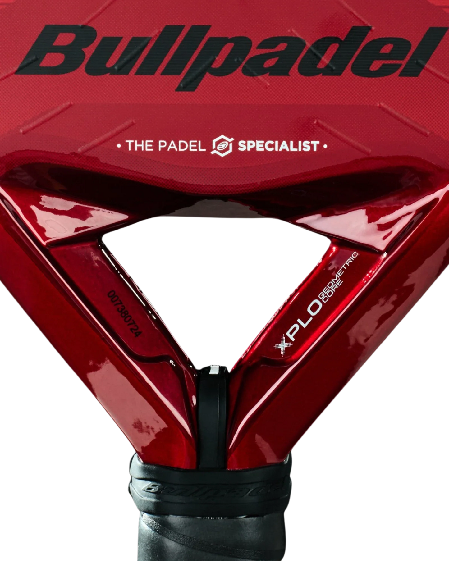 Close-up of the Bullpadel XPLO Comfort by Padel USA, showing “THE PADEL SPECIALIST,” “XPLO,” and CORE PROTECTOR on the frame, a black grip, and geometric design details on the neck of this high-performance padel racket.