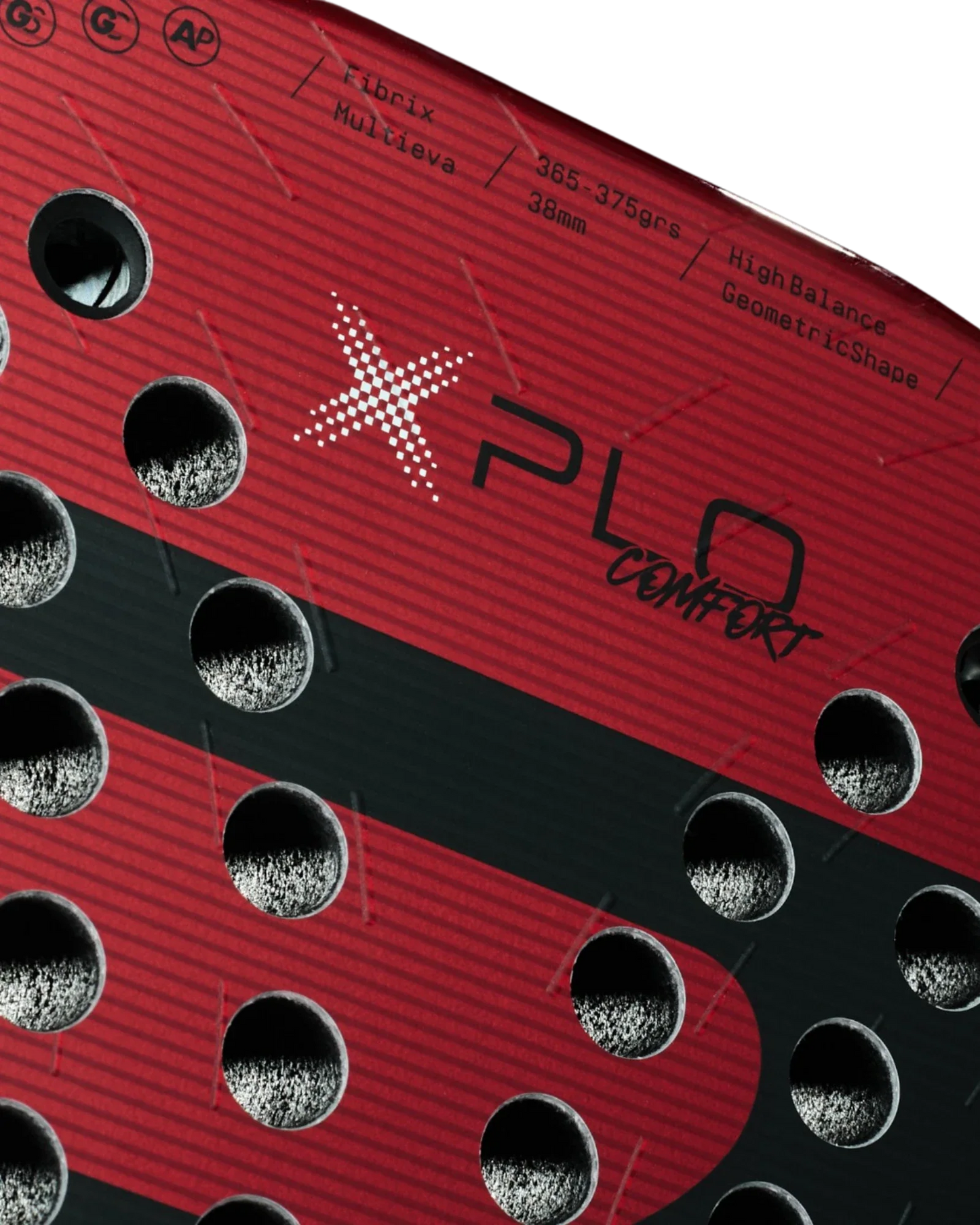 Close-up of the Bullpadel XPLO Comfort by Padel USA, a high-performance red and black padel racket featuring explosive power, Librix, MultiEva core, 38 mm thickness, high balance, geometric shape, and large round holes.