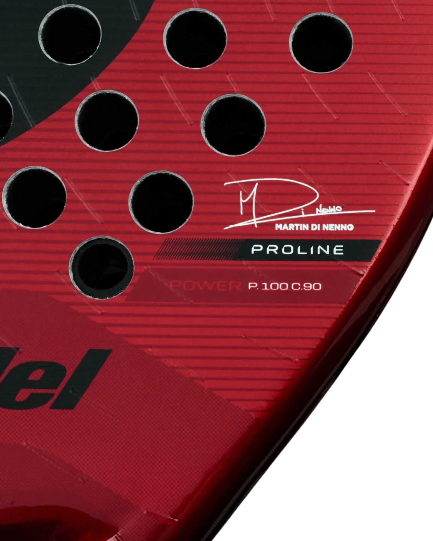 Close-up of the Bullpadel XPLO Comfort padel racket from Padel USA, featuring round holes, explosive power, MARTIN DI NENNO’s signature, diagonal surface lines, and a bold black logo.