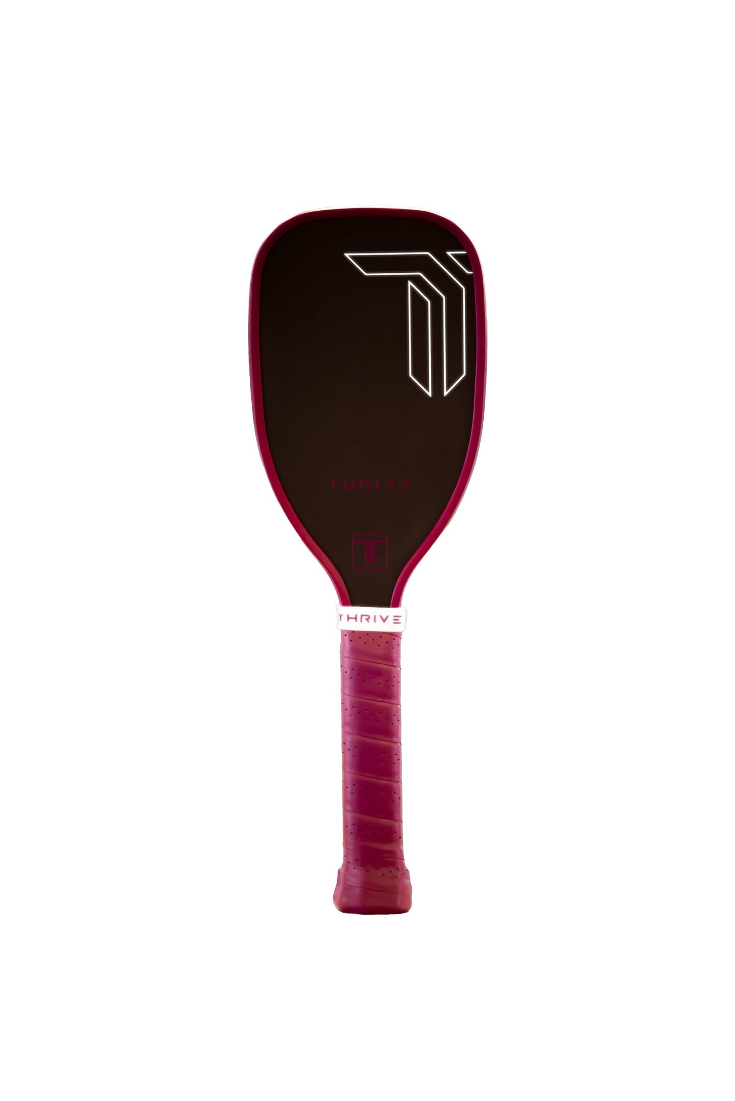A purple Training Paddle by Thrive Pickleball features a black T700 carbon fiber face, white geometric logo, pink “THRIVE” text, maroon grip with white band marked “THRIVE” on the handle. The background is white.