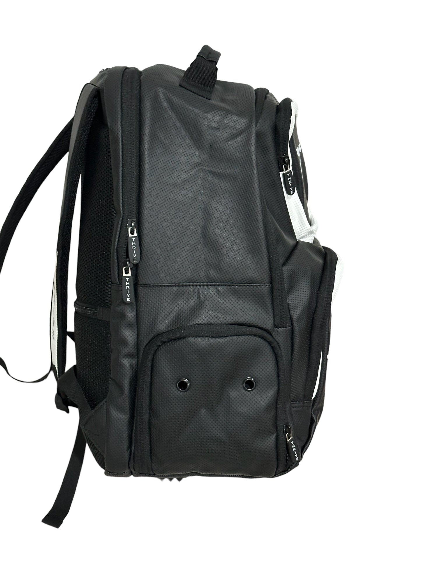 A black Thrive Pickleball Elite Backpack w/shoe bag, shown from the side against a white background, features a textured surface, multiple zippered compartments, padded back, adjustable straps, and a vented small pocket.