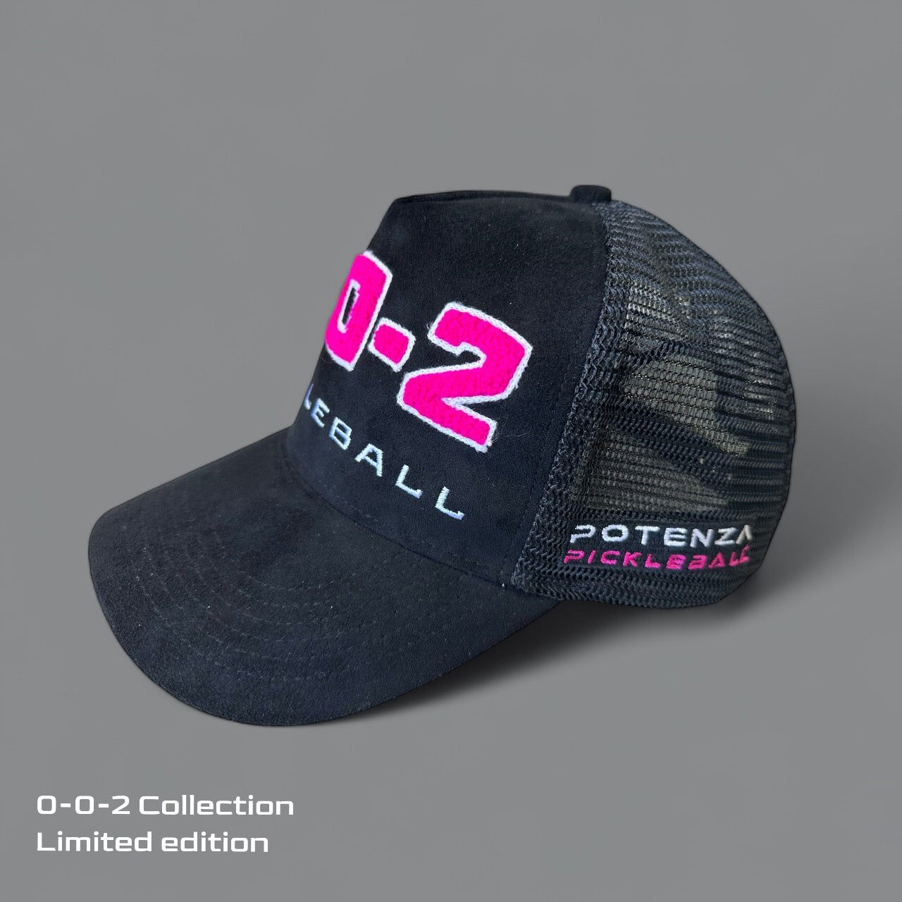 The “0-0-2” Collection Hat (0-0-START) by Potenza Pickleball is a black mesh hat featuring bold pink and white chenille embroidery on the front and “POTENZA PICKLEBALL” stitched on the side. Limited edition from Potenza’s 0-0-2 Collection.