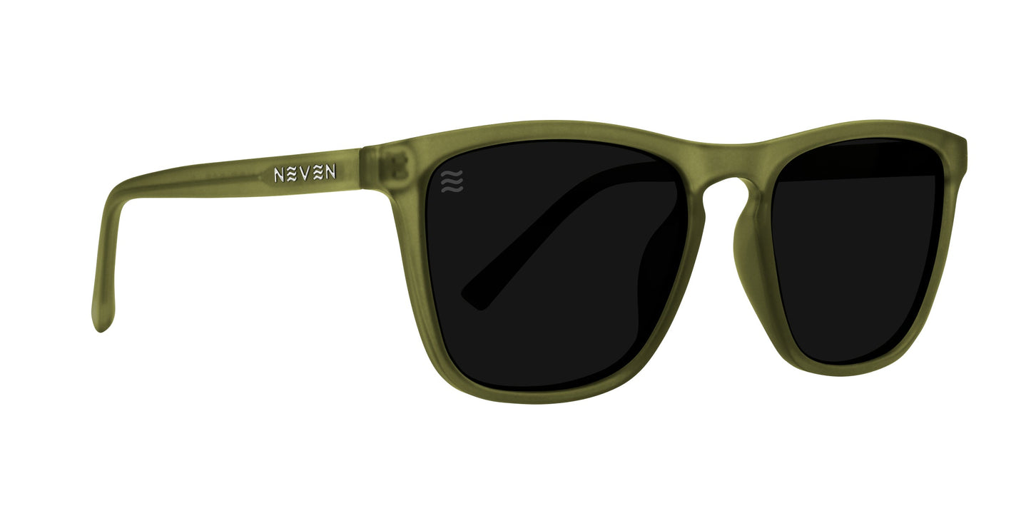 A pair of Fir sunglasses by Neven Eyewear with matte olive green frames, dark polarized UV400 rectangular lenses with rounded edges, and "NEVEN" in silver on the left arm near the hinge, set against a white background.