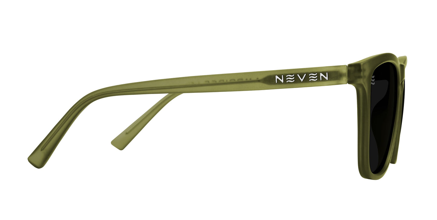 Side view of Neven Eyewear's Fir sunglasses: matte olive green rectangle frame with polarized UV400 black lenses, straight design, slightly rounded edges, and curved temple tips. White "NEVEN" logo on the arm near the hinge.
