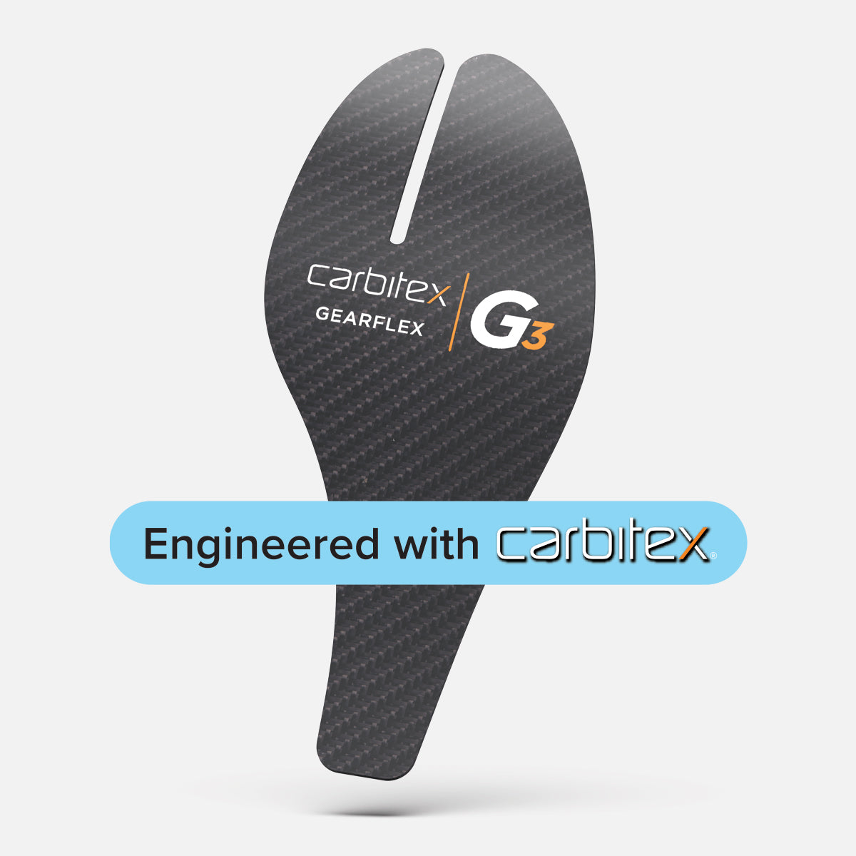 A dark carbon-fiber insert labeled NonSlip Carbon Elite Insole by Blumaka in white and orange showcases its athletic performance. Below, a blue rounded rectangle reads "Engineered with carbitex" beside the carbitex logo on a plain white background.