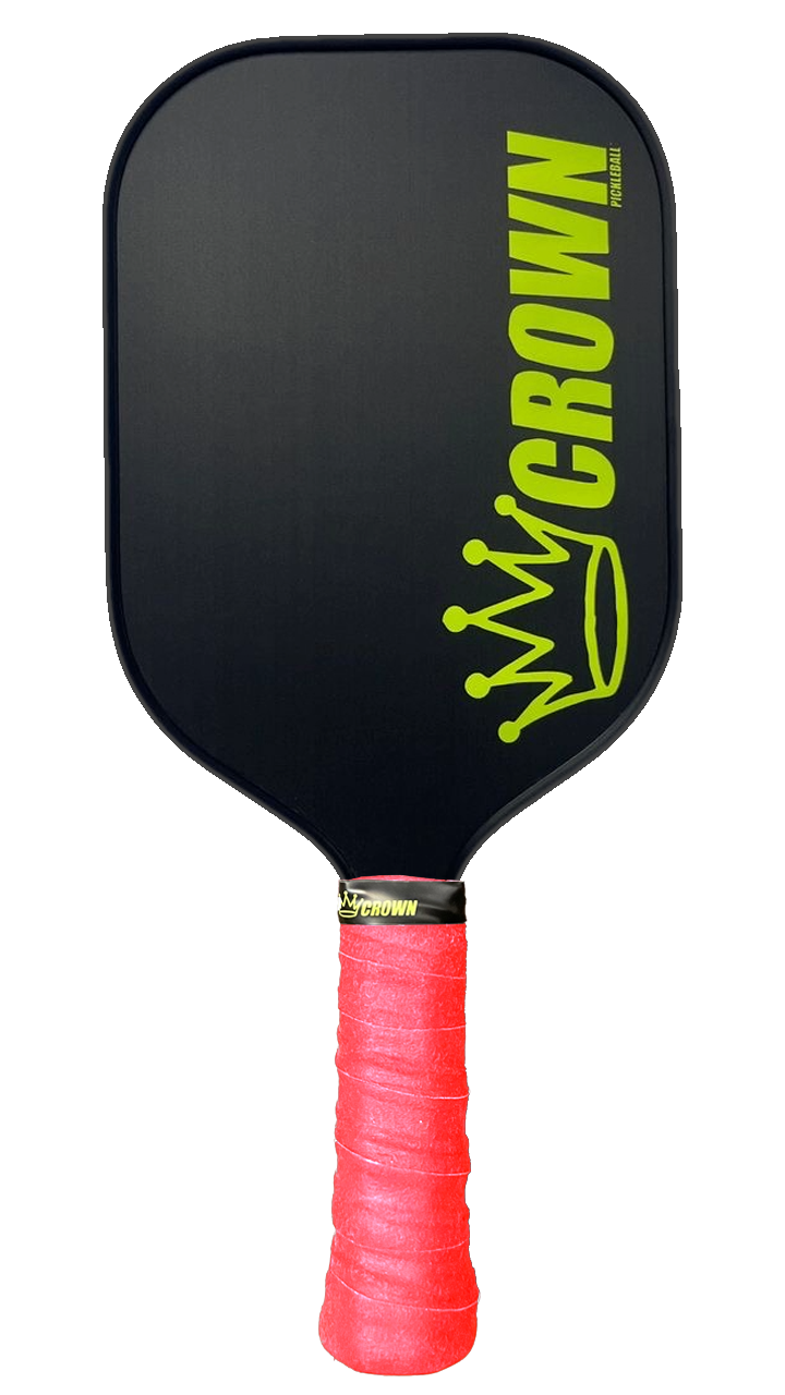 The CROWN PICKLEBALL - Carbon Blade 13 (BLACK Paddle) by Crown Pickleball features a black carbon fiber face, neon green "CROWN" logo with crown graphic in the upper right, bright red grip tape handle for two-handed backhands, and a small “CROWN” label above the handle.