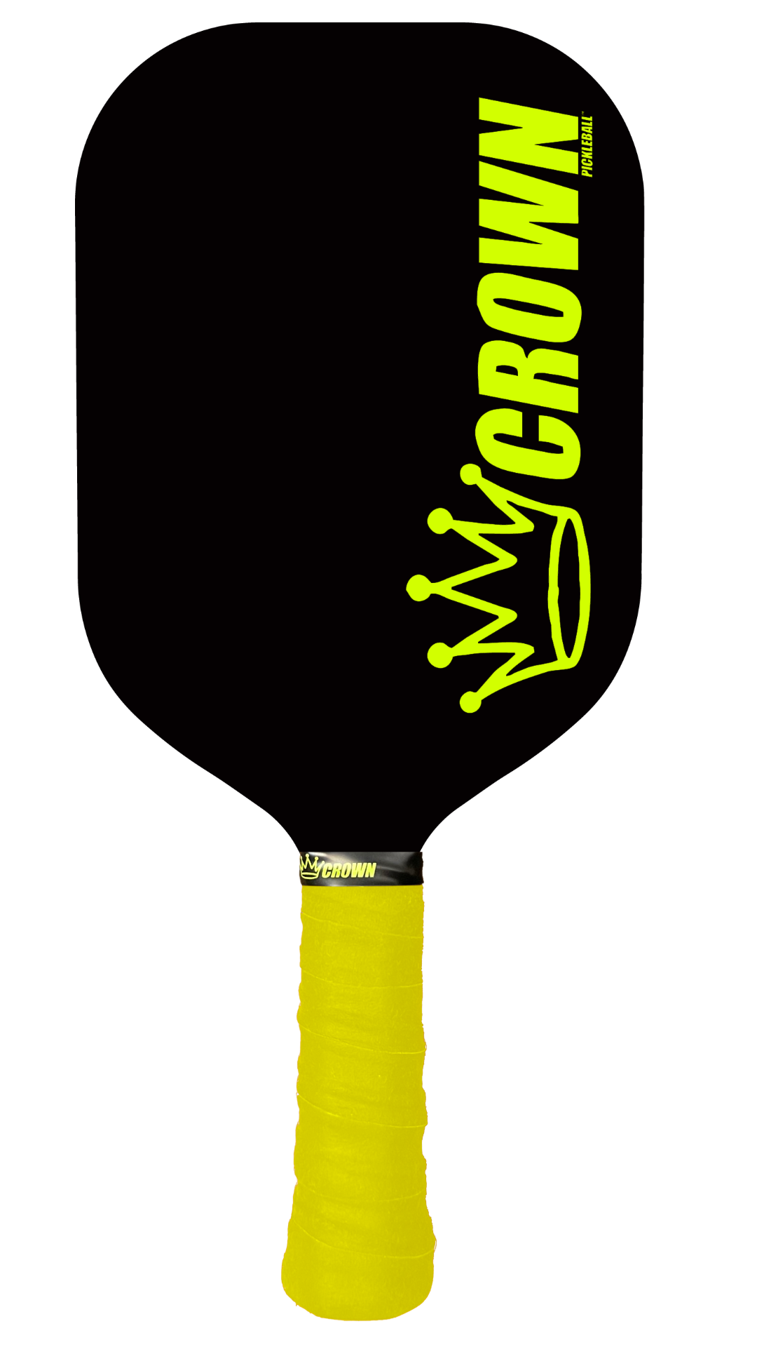 The CROWN PICKLEBALL - Carbon Blade 13 BLACK Paddle features bold yellow "CROWN" lettering, a crown logo, and a bright yellow grip wrap for two-handed backhands. Its sleek black and yellow design is sporty and modern. Brand: Crown Pickleball.