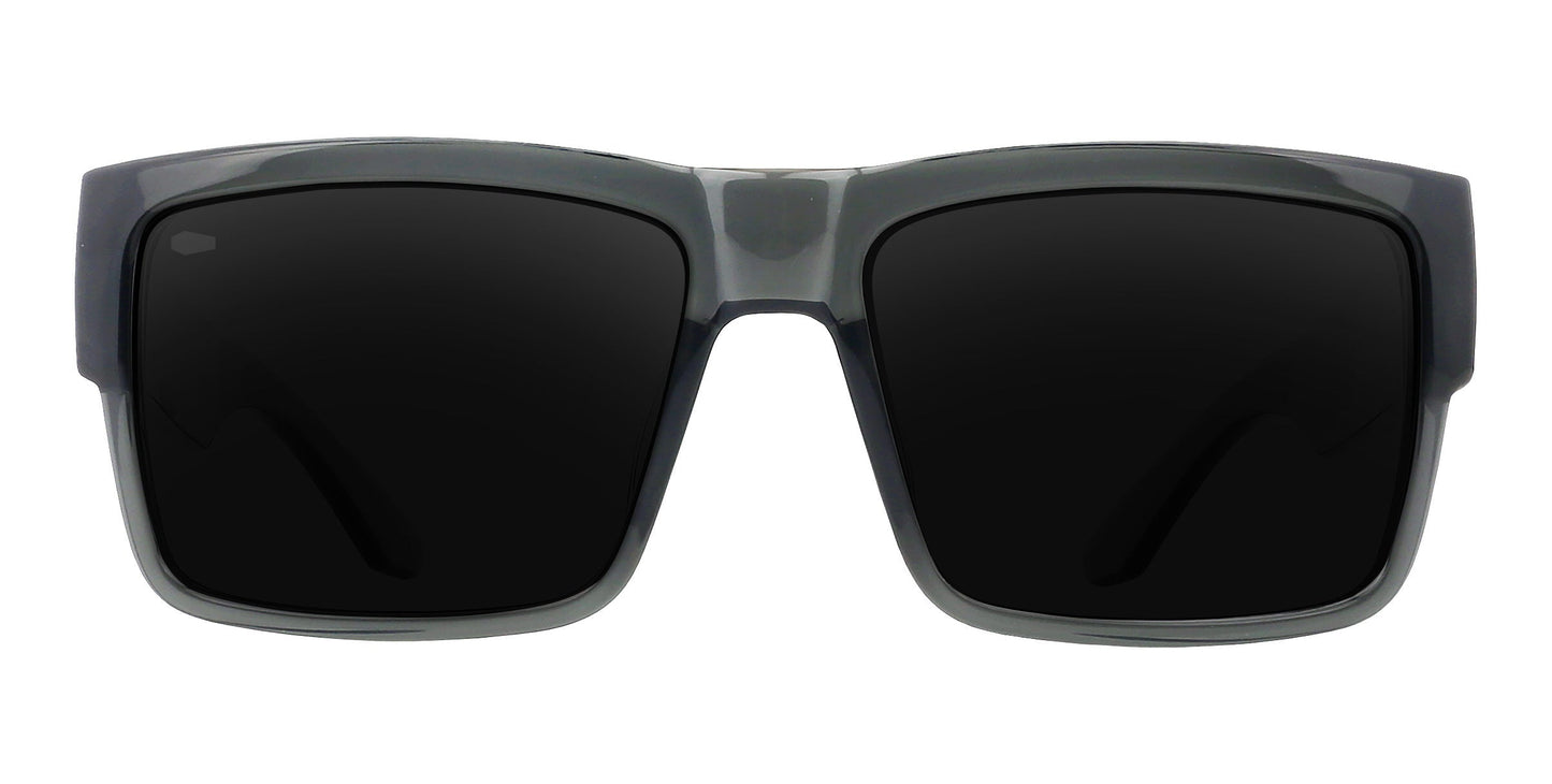 A pair of Neven Eyewear Banshee sunglasses featuring large, rectangular black lenses and a thick, dark gray plastic frame. Shown front-facing on a white background with both arms visible behind the lenses.