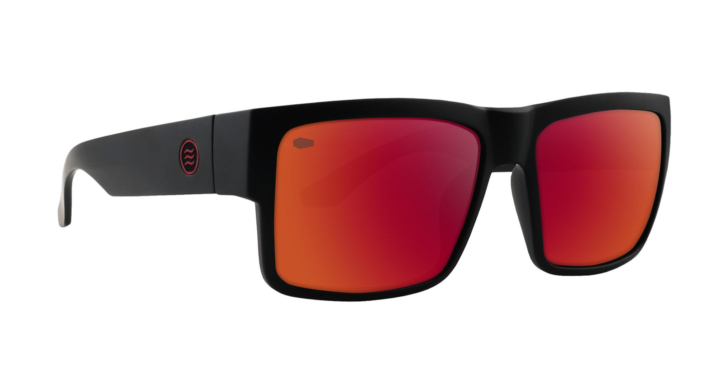 The Neven Eyewear Havoc sunglasses feature thick matte black frames and large mirrored red-orange lenses. The arms display a small circular red logo, creating a modern, sporty look against a white background.