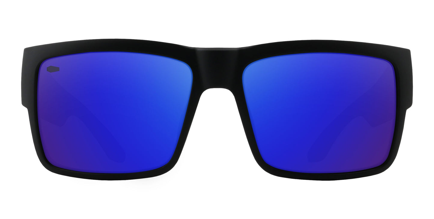 The Scythe by Neven Eyewear features matte black rectangular frames with mirrored blue lenses, shown front-facing on a white background. The bold blue tint and sturdy design create a striking, modern gothic look.