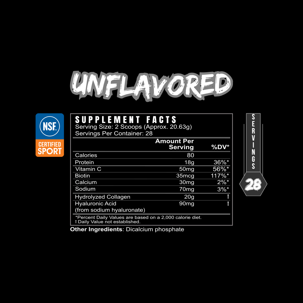 A black label reads COLLAGEN PROTEIN in bold white. Below, supplement facts show 2 scoops (20.63g), 28 servings, with proteins, vitamins, minerals, and joint support nutrients. NSF Certified Sport logo is left; “SERVINGS 28” is right. Brand: BLACKLABEL Supplements.