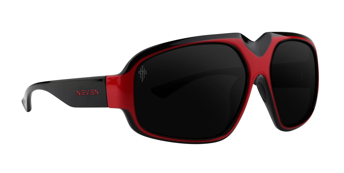 Bloodshot by Neven Eyewear: oversized square black sunglasses with bold red accents and polarized black lenses. NEVEN is printed in red on the left temple arm. A sleek, sporty style—Gary Holt's favorite.