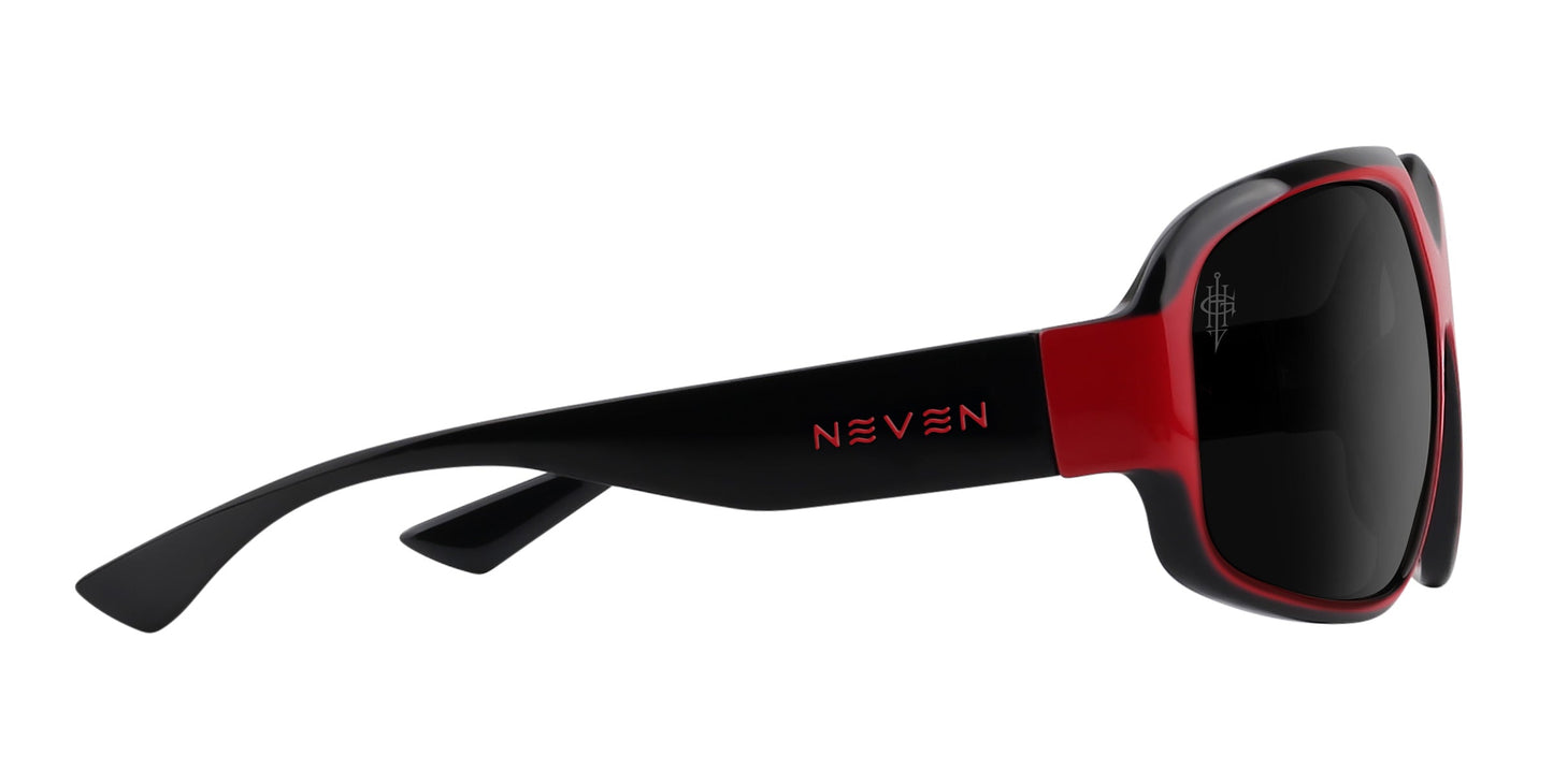 The Neven Eyewear Bloodshot sunglasses feature thick frames with red accents, NEVEN in red on the arm, and dark rectangular polarized black lenses for a modern, stylish look inspired by Gary Holt.