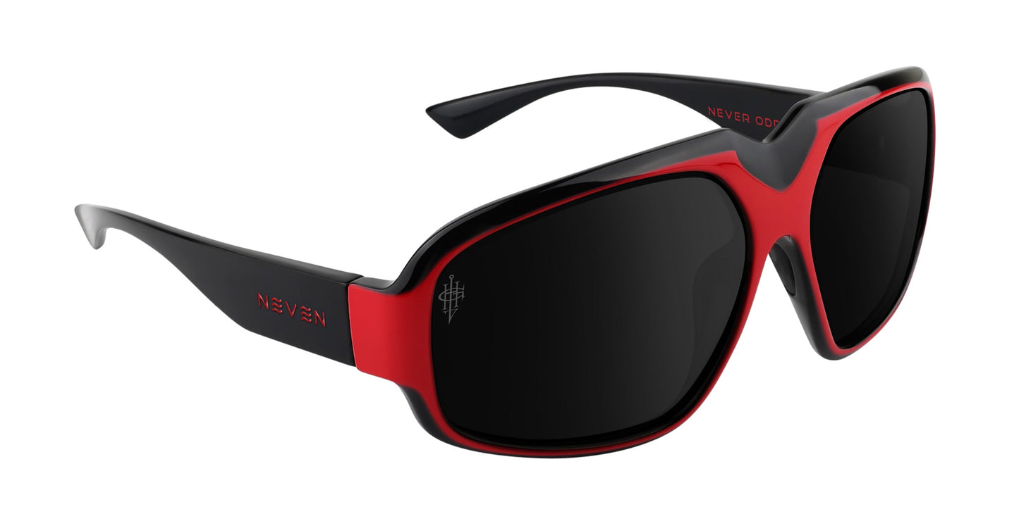 The Neven Eyewear Bloodshot sunglasses feature large polarized black lenses, a bold red and black frame, "NEVER" in white on the temples, "NEVER COOL" inside the right arm, and a Gary Holt-inspired white logo on the left lens.