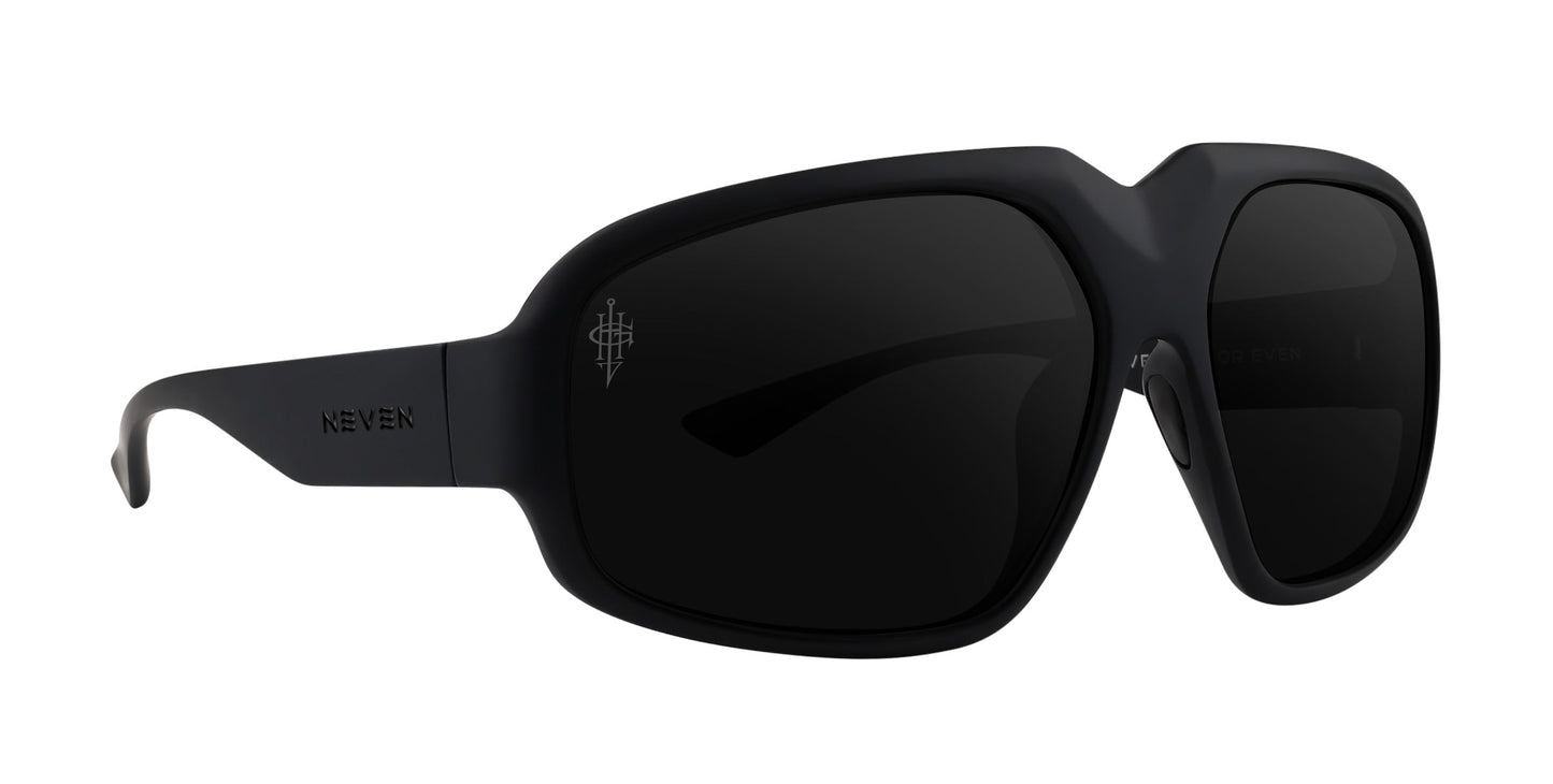 The DOA by Neven Eyewear features matte black, thick oversized frames with large square polarized lenses. A small white emblem accents the left lens and “Neven” subtly marks the left arm for bold style with Gary Holt signature appeal.
