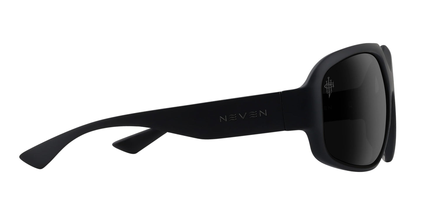 Side view of matte black Neven Eyewear DOA sunglasses with thick frames and curved arms. The DOA logo is engraved on the left arm, while polarized lenses feature a subtle Neven Eyewear logo etched in the upper corner.