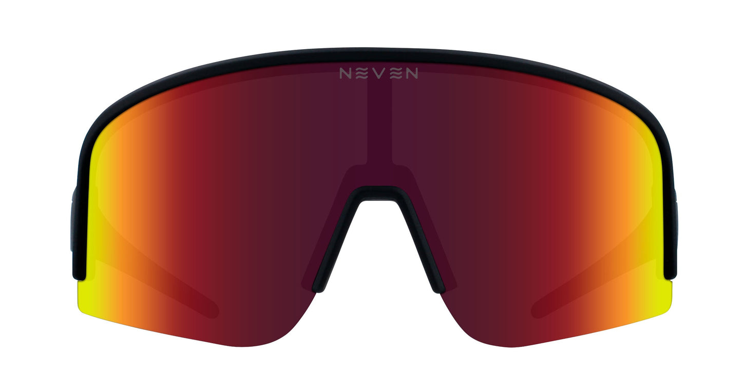 The Cadence by Neven Eyewear are sporty wraparound running sunglasses with a single large lens that fades from deep red to yellow. They feature polarized UV400 protection and a minimal black frame with the Neven logo in white above the nose bridge.