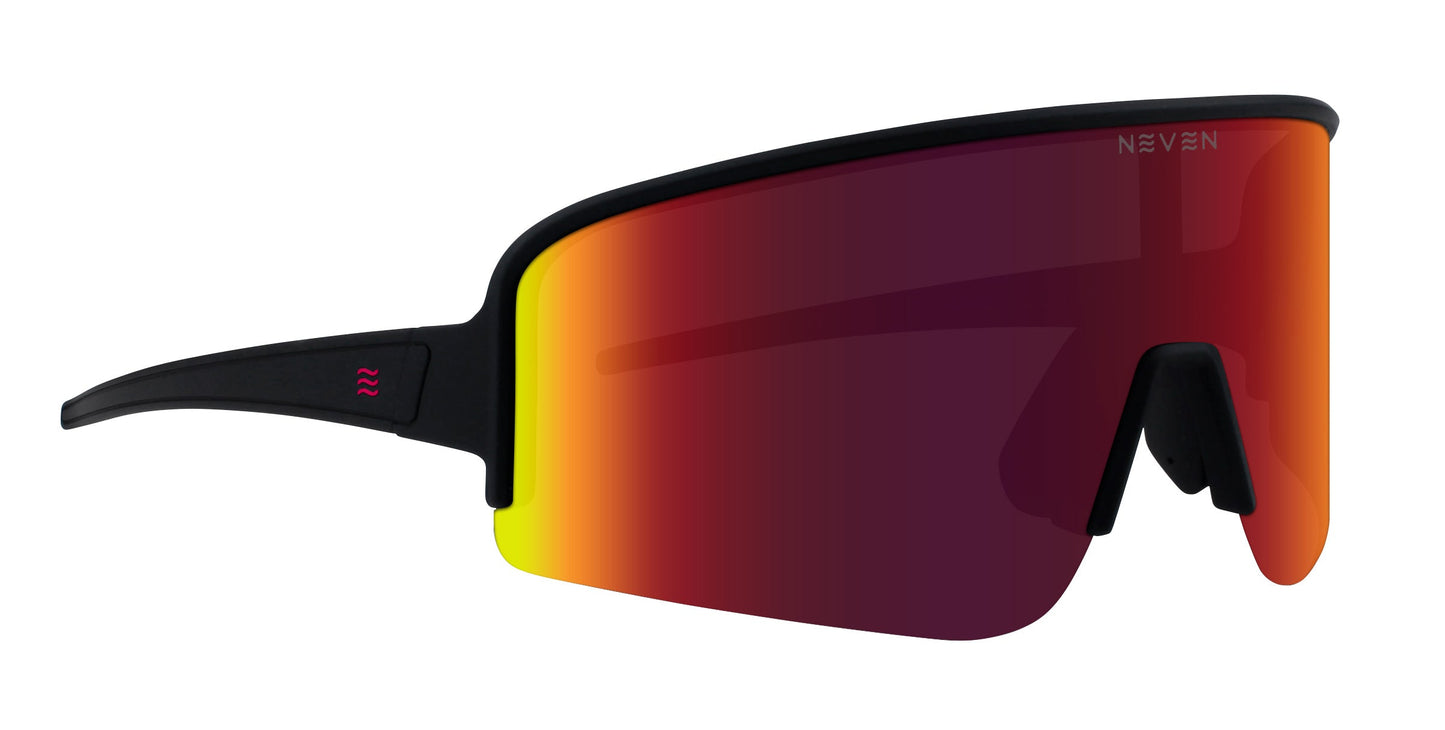 The Neven Eyewear Cadence running sunglasses feature a black wraparound frame, a red-orange gradient single lens with polarized UV400 protection, a small left temple logo, and a nose pad for comfort and sporty style.