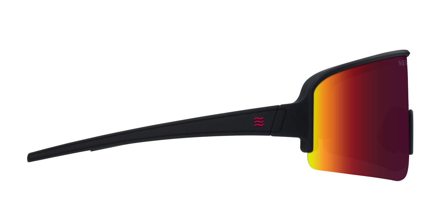 Side view of sporty black Neven Eyewear Cadence running sunglasses with thick straight arms and a large rimless rectangular red-orange-yellow lens. Features polarized UV400 protection and a small pink wave logo near the hinge.