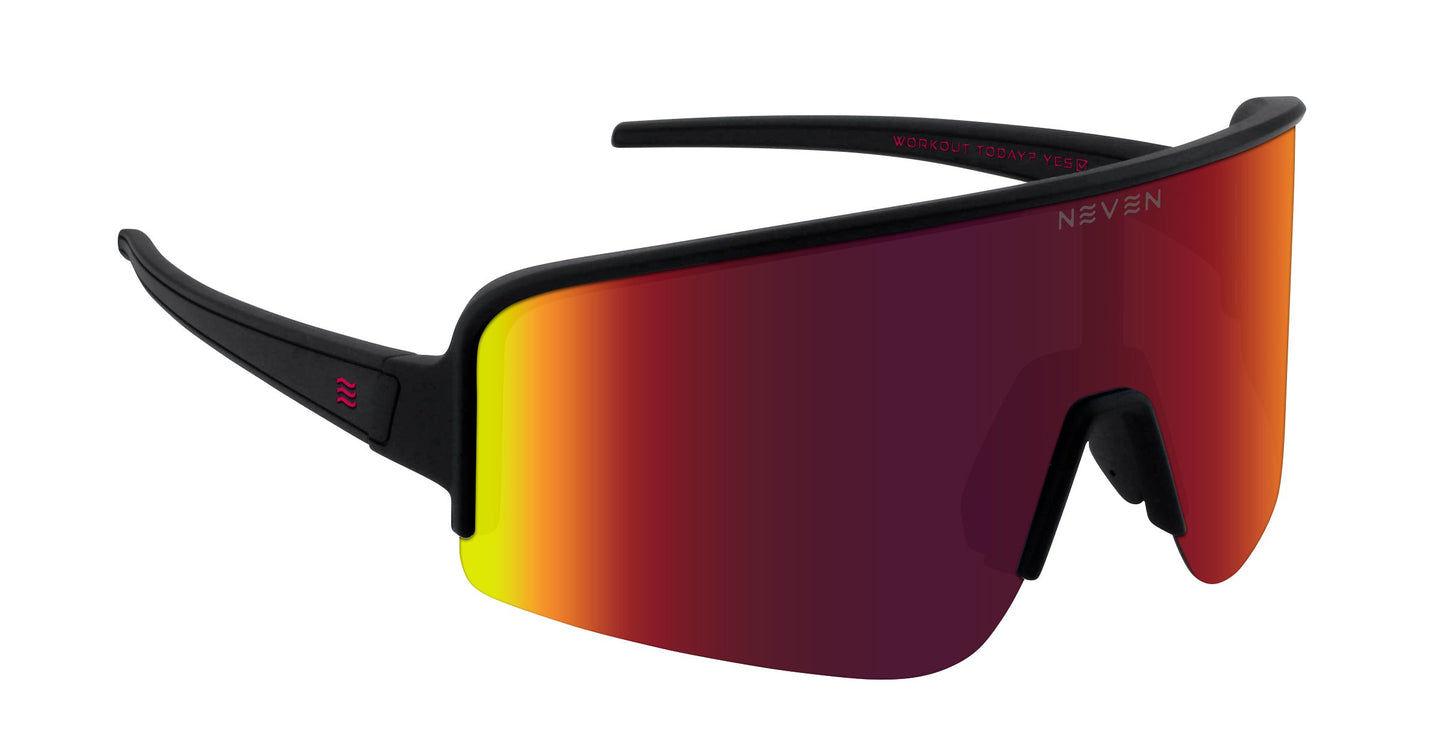 The Cadence by Neven Eyewear are black sports sunglasses with a large shield lens fading from yellow to red and purple, polarized UV400 protection, "NEVEN" printed in white on the lens, and a subtle red logo on the arms.