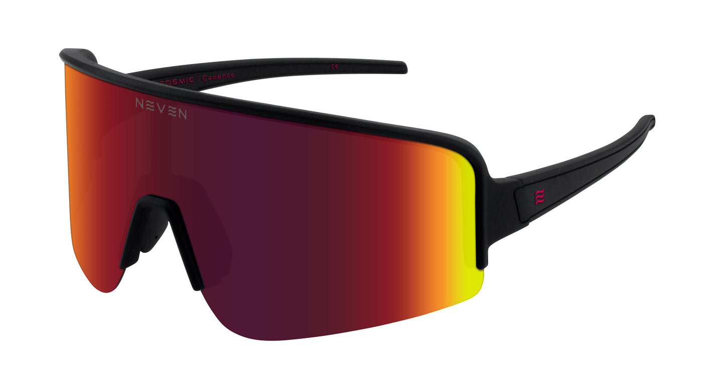 The Cadence by Neven Eyewear is a pair of sporty running sunglasses with a black frame, wraparound red-orange gradient lens, polarized UV400 protection, flexible nose piece, and subtle branding for comfort and style.