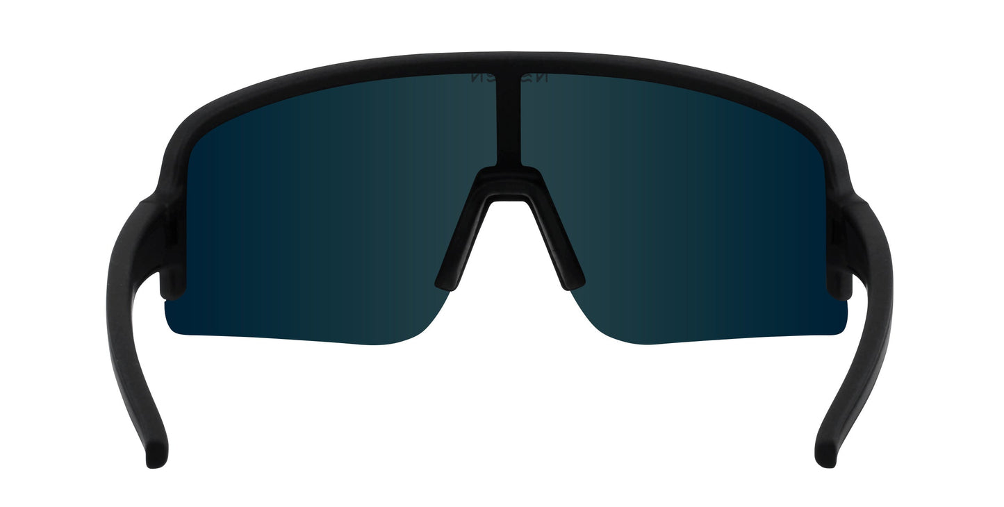 Neven Eyewear Cadence running sunglasses feature black sporty frames and a single blue-tinted lens. With polarized UV400 protection and a wraparound design for secure fit, they're shown on a plain white background.
