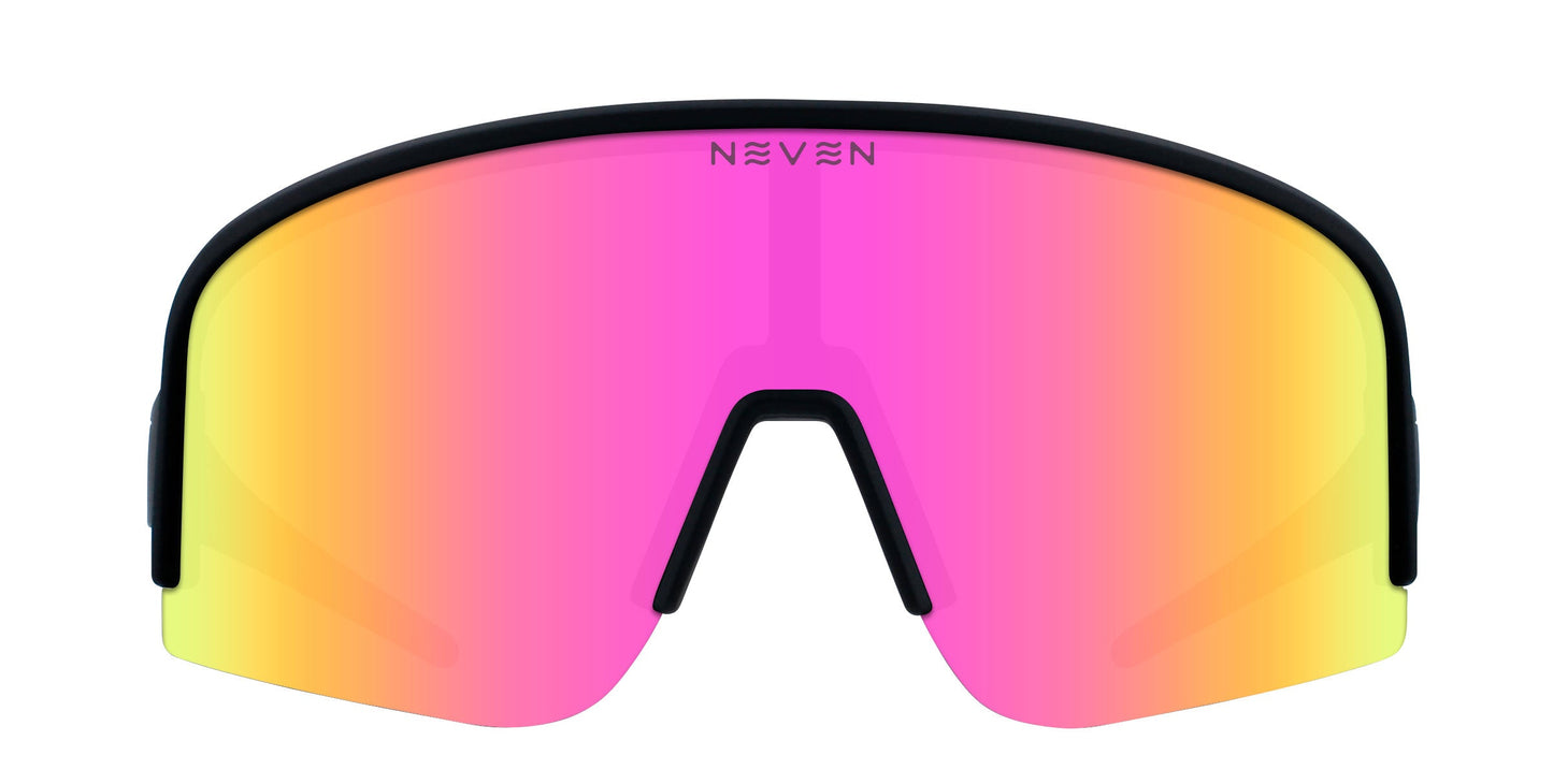 The FLL SND sunglasses by Neven Eyewear feature a sporty wraparound style, a seamless pink-to-yellow gradient lens, a slim black top frame, an angular black nose piece, and the “NEVEN” logo at the top center.