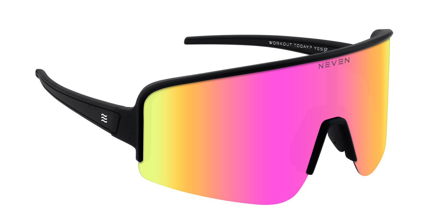 The FLL SND by Neven Eyewear features a sporty black frame, single large shield lens with a pink-to-yellow gradient, subtle logo, "WORKOUT TODAY? YES!" inside the arm, and adjustable nose pads for comfort.
