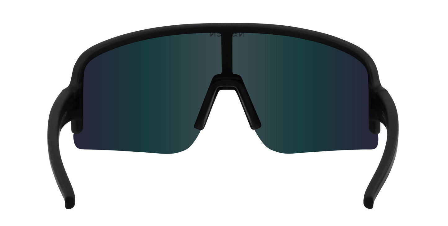 The Neven Eyewear FLL SND sunglasses feature a black wraparound frame with a single wide, curved dark lens, bold nose bridge, and straight upturned arms. Displayed on a plain white background.