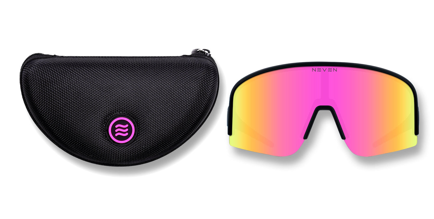 A black textured Neven Eyewear case with a pink circular logo sits next to FLL SND sunglasses, which have a single pink and yellow mirrored lens and black frame. The semi-circular zippered case ensures secure storage.