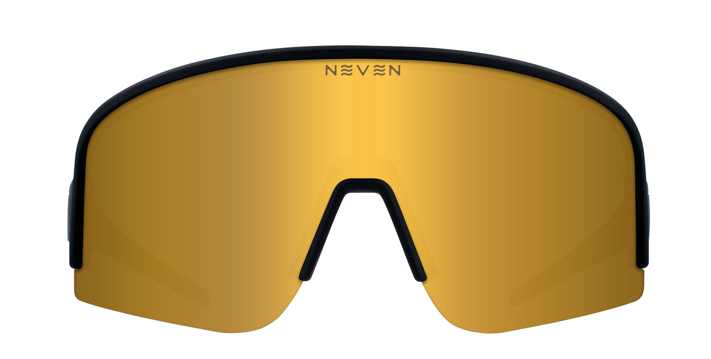 Neven Eyewear’s PR sunglasses feature a large, rimless wraparound yellow-gold mirrored lens with UV400 protection, black frame, nose bridge cut-out, and “NEVEN” logo centered at the top.
