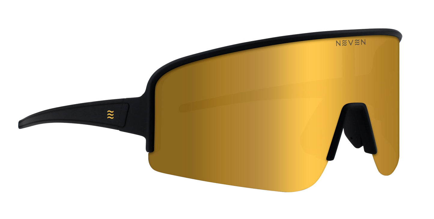 The Neven Eyewear PR running sunglasses feature a single large gold mirrored UV400 lens, black frame, no visible nose pads, NEVEN in gold on the lens, and a gold wavy logo on the temple arm.