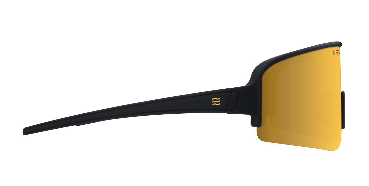 Side view of the Neven Eyewear PR black running sunglasses features a sleek, sporty design with a single yellow lens, thin partially rimless frame, UV400 protection, and a small yellow wave logo on the temple for added style.