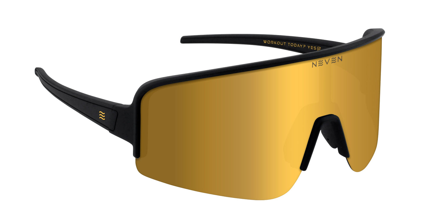 The Neven Eyewear PR sunglasses feature a matte black frame, a single large gold reflective lens with UV400 protection. The “NEVEN” logo appears on the lens and "WORKOUT TODAY? YES!" is inscribed inside the arm.