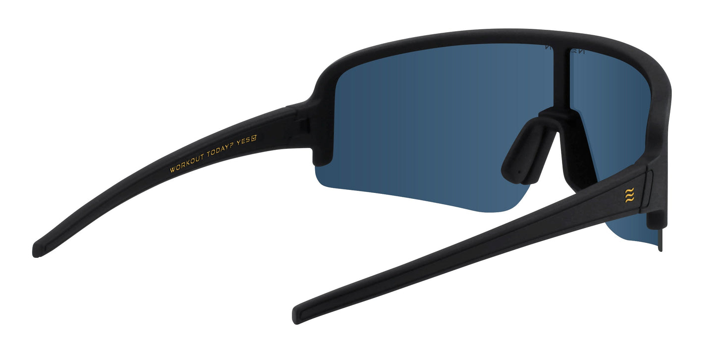 The Neven Eyewear PR sunglasses feature sporty black frames, blue mirrored wraparound polarized lenses with UV400 protection, gold insignia on straight arms, text on the inner left temple, and adjustable black nose pads.