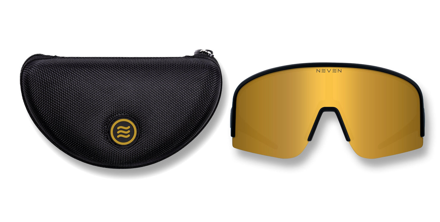 A textured black zippered case with a yellow logo sits next to PR running sunglasses by Neven Eyewear. The frameless design features gold, single-lens UV400 protection, and “Neven Eyewear” is printed at the top center of the lens.