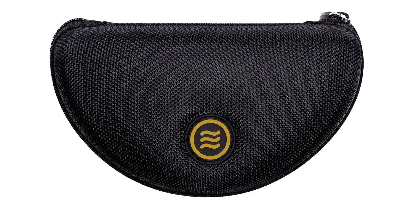 The Neven Eyewear PR is a black, textured semi-circular zip case with a yellow logo of three wavy lines—ideal for safely carrying your UV400 running sunglasses or polarized shades.