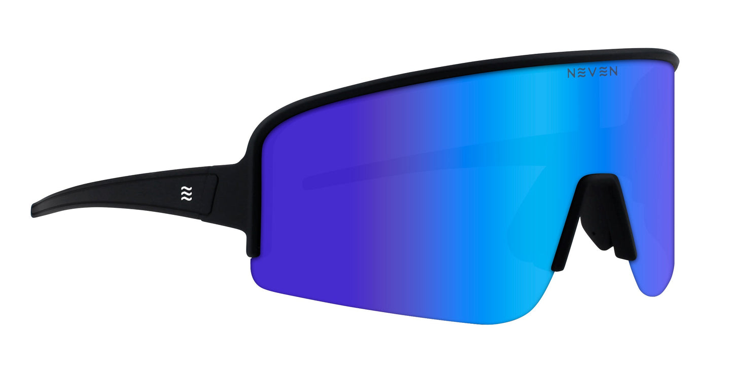 The Neven Eyewear Strides are sporty sunglasses featuring a single large blue reflective lens, black frame and arms, NEVEN branding in white on the lens, a white wave logo on the arm, and black adjustable nose pads for comfort—ideal for running.