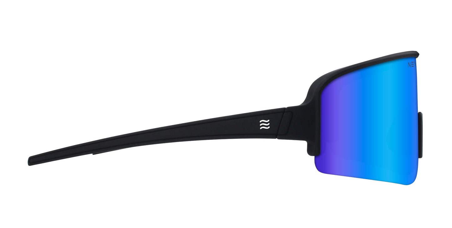 A pair of Neven Eyewear Strides sunglasses, featuring a matte black frame and a single blue mirrored lens, is shown in left-side profile on a white background with a small white wave logo near the hinge.