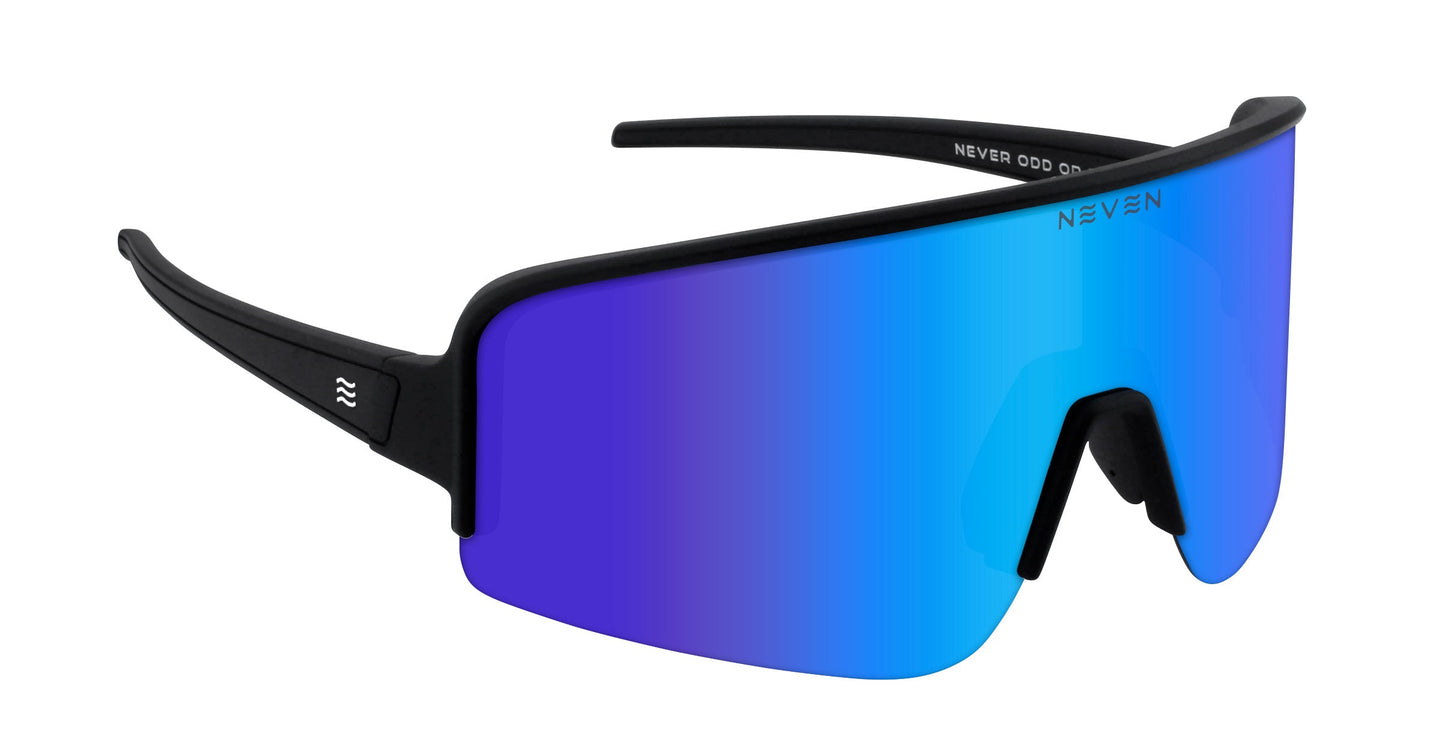 Sporty Strides running sunglasses by Neven Eyewear feature a matte black frame, wide blue mirrored lens, built-in nose pads, subtle white logo on the arms, and NEVEN printed on the top right for a signature style.