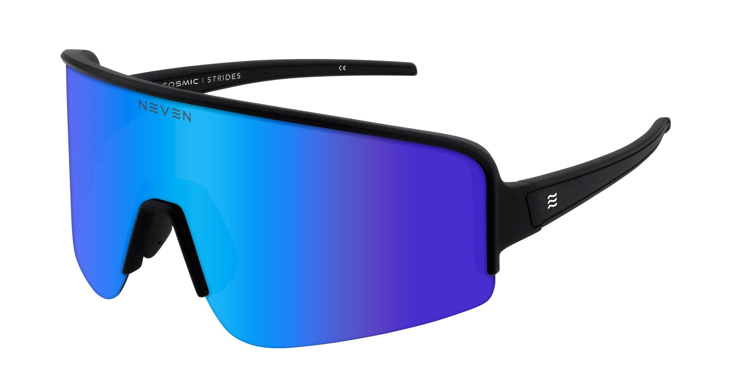 Strides sunglasses by Neven Eyewear feature a sleek black frame and a single, large blue-mirrored lens. Their modern, aerodynamic design makes them perfect running sunglasses for active lifestyles or outdoor activities.