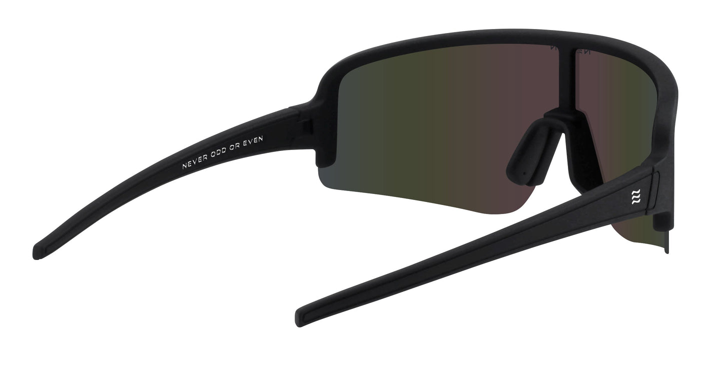 A pair of sleek, black Strides sport sunglasses by Neven Eyewear featuring wraparound dark-tinted lenses, straight angular arms, "NEVER ODD OR EVEN" inside the left arm, and a small white logo by the right hinge.